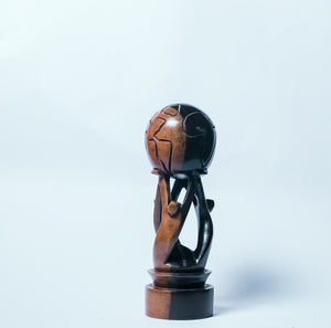 African Wood Sculpture-People holding up a Gourd, hand-carved of white wood, Ghana, West Africa