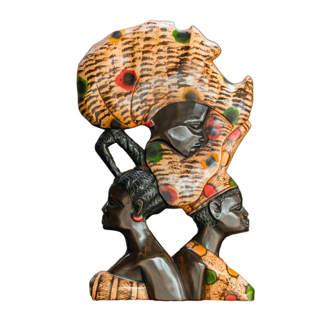 African Wood Sculpture of Women holding Mother Africa on their Heads, wicker pattern, hand-carved osese wood, Ghana, West Africa 25 cm X 12 cm