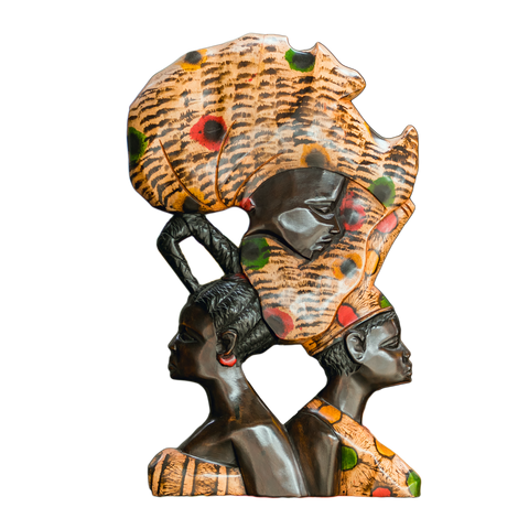 African Wood Sculpture of Women holding Mother Africa on their Heads, wicker pattern, hand-carved osese wood, Ghana, West Africa 25 cm X 12 cm