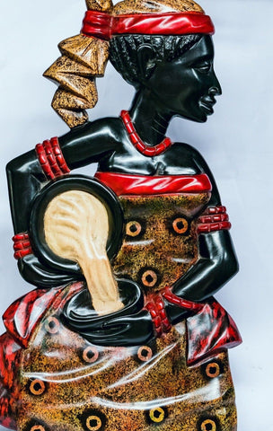 African Wood Sculpture Woman pouring Cassava into a Bowl, hand-carved of white wood, Ghana, West Africa 32 cm X 13 cm