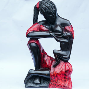 African Wood Sculpture-Woman in red Dress Breast-feeding her Baby, hand-carved of white wood, Ghana, West Africa 19 cm X 10 cm