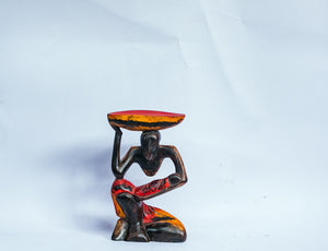 African Wood Sculpture, Woman holding a Piece of Watermelon on her Head, hand-carved of white wood, Ghana, West Africa 23 cm X 15 cm