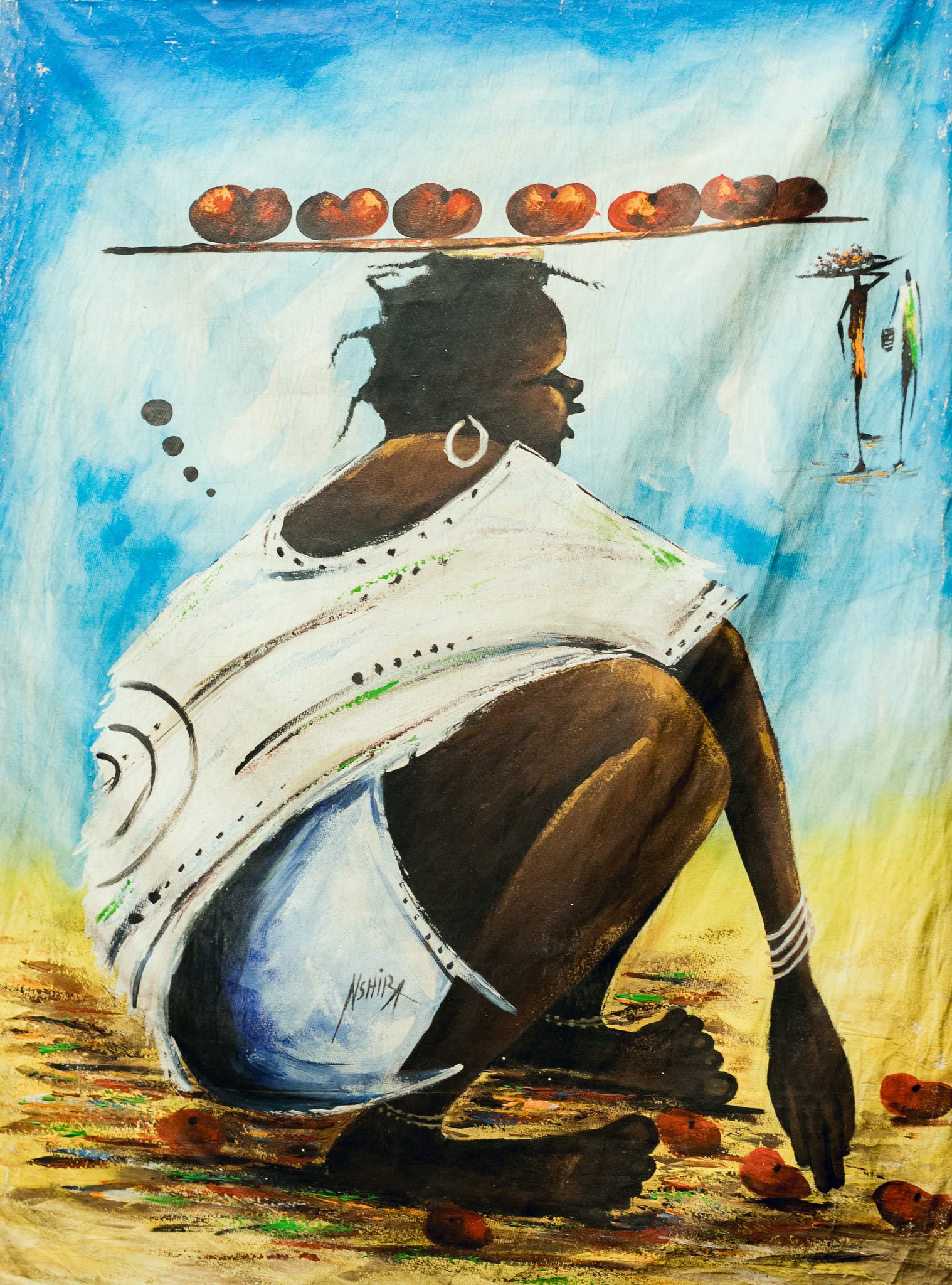 African Painting-Woman in White womaninwhitekneelingwithtrayofbunsonherhead.