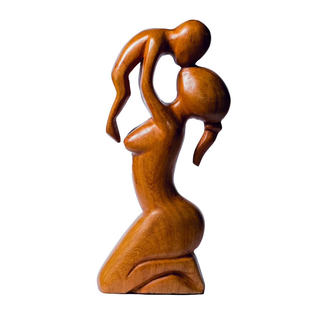 African Wood Sculpture, Woman kneeling and holding up Baby, hand-carved of cedar wood, Ghana, West Africa 20 cm X 5 cm