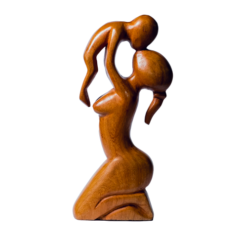 African Wood Sculpture, Woman kneeling and holding up Baby, hand-carved of cedar wood, Ghana, West Africa 20 cm X 5 cm