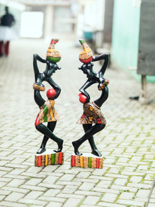 African Wood Sculpture-Two Women posing, hand-carved of white wood, Ghana West Africa 41 cm X 10 cm